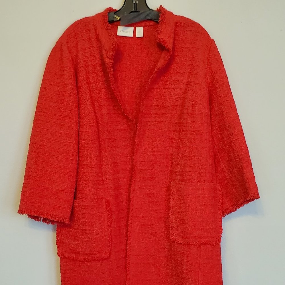 Chico's Red Open Front Tweed Jacket with Fringe Edges Size 3